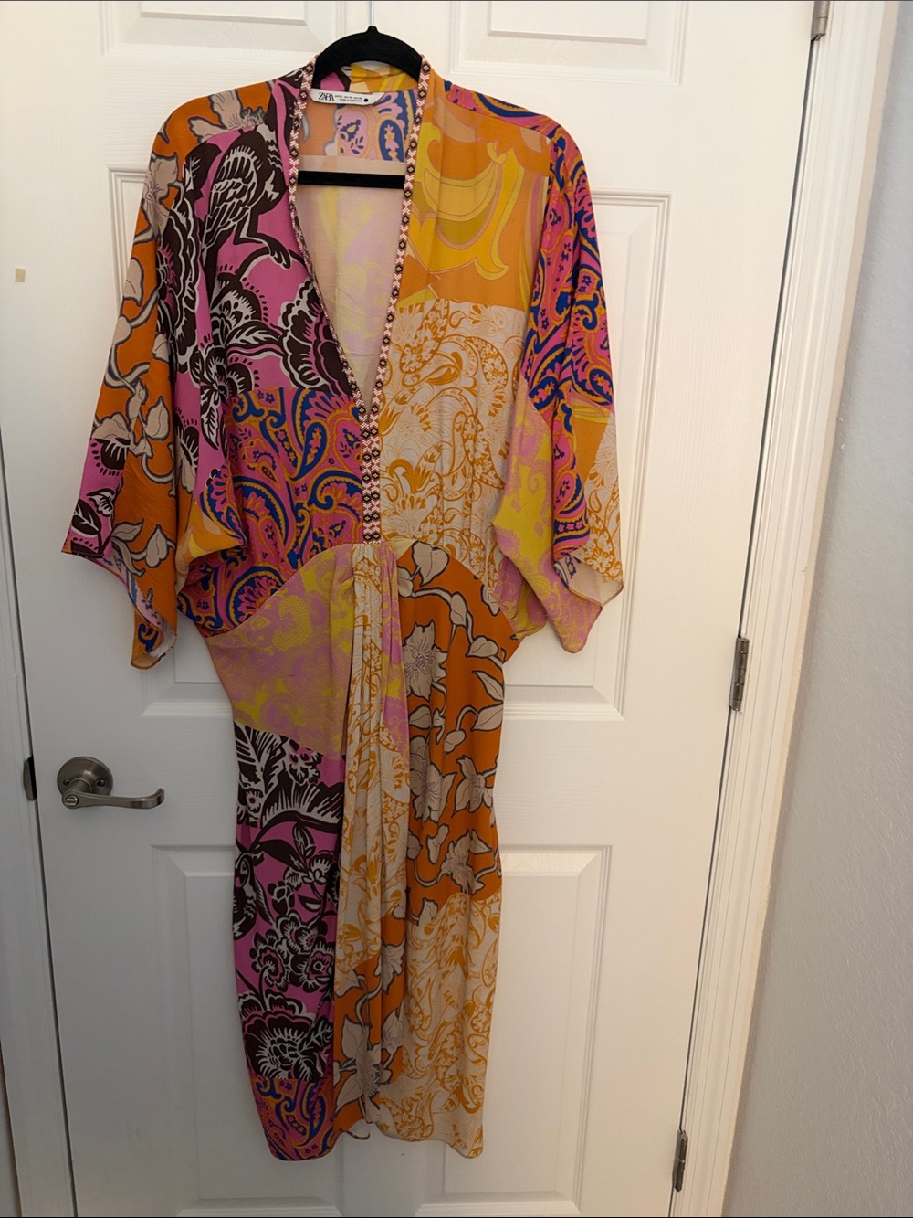 Zara Boho Mixed-Print Kimono-Style Dress- Pink & Orange